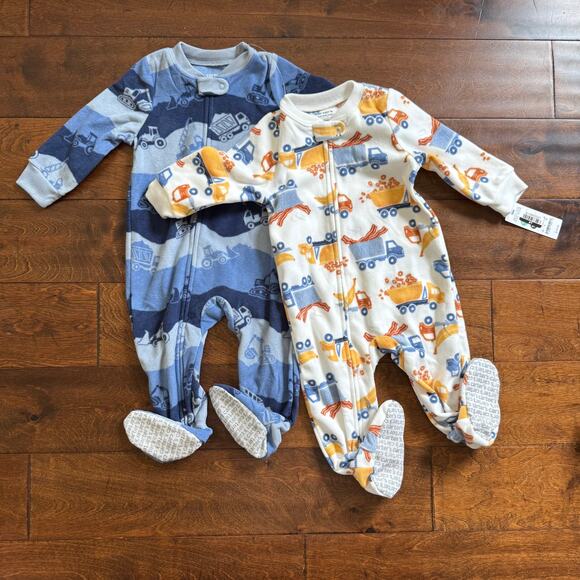 Carter's Boys 12 Month Fleece Pajamas Lot of 2 Footies Trucks Cozy Soft NEW - Picture 1 of 9